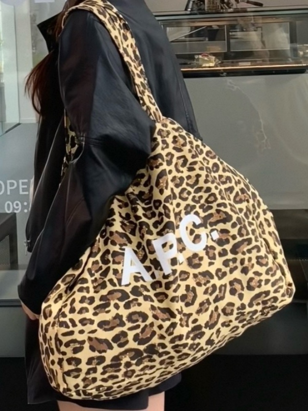 A.P.C. Leopard Print Oversized canvas Tote in Tan & Brown with White Logo